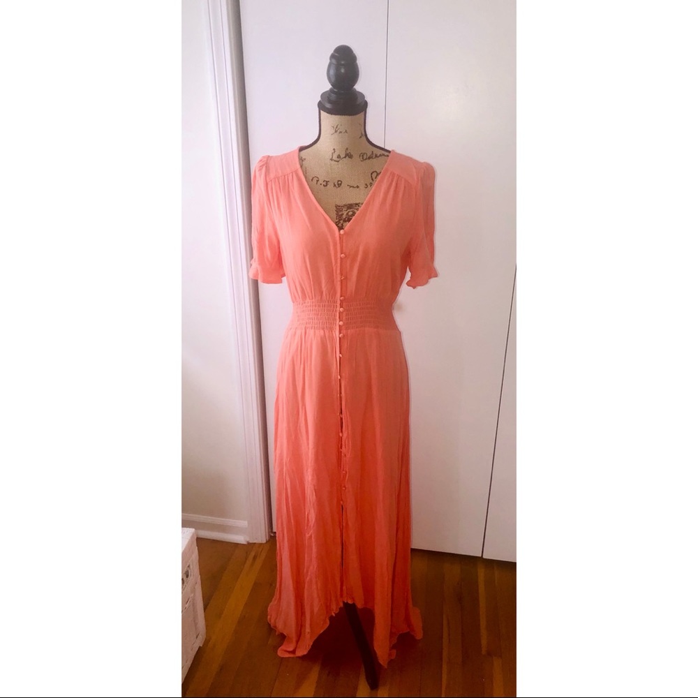 HAYDEN Los Angeles button-front coral peach midi dress, A-line vintage inspired